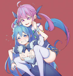 Rule 34 | 2girls, absurdres, ahoge, alternate costume, anchor print, aqua (konosuba), aqua (konosuba) (cosplay), bare shoulders, blue dress, blue eyes, blue hair, blush, braid, breasts, carrying, cleavage, clenched teeth, colored inner hair, commentary request, cosplay, costume switch, crossover, detached sleeves, dress, enmaided, feet out of frame, flying sweatdrops, french braid, frilled dress, frills, from behind, grabbing, grabbing another&#039;s breast, grabbing from behind, grin, hair between eyes, hair ornament, hair ribbon, highres, hololive, kono subarashii sekai ni shukufuku wo!, lan mao akko, long hair, long sleeves, looking at another, maid, maid headdress, md5 mismatch, minato aqua, minato aqua (1st costume), minato aqua (cosplay), multicolored hair, multiple girls, name connection, open mouth, photoshop (medium), piggyback, purple eyes, purple hair, red background, ribbon, simple background, sitting, sitting on person, skirt, smile, teeth, thighhighs, twintails, two-tone hair, upper teeth only, very long hair, virtual youtuber, yuri