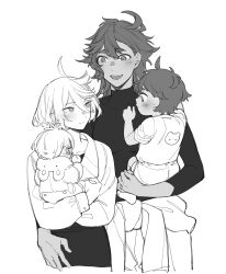 Rule 34 | 4girls, ahoge, child, dark-skinned female, dark skin, family, gundam, gundam suisei no majo, hair between eyes, highres, holding baby, if they mated, ips cells, jewelry, long hair, long sleeves, looking at another, miorine rembran, monochrome, mother and daughter, multiple girls, pencil skirt, ring, skirt, smile, suletta mercury, thick eyebrows, wedding ring, wife and wife, yuri, zhuotian