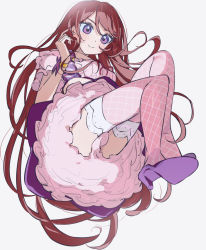 Rule 34 | 1girl, aikatsu! (series), bow, brown hair, closed mouth, commentary request, dress, from below, full body, high heels, light blush, long hair, looking at viewer, partial commentary, petticoat, pink dress, pink skirt, pink thighhighs, purple bow, purple eyes, purple footwear, ribbon, shibuki ran, shoe soles, short sleeves, simple background, skirt, smile, solo, thighhighs, upskirt, white background, wrist bow, wrist ribbon, yamamura saki, yellow ribbon
