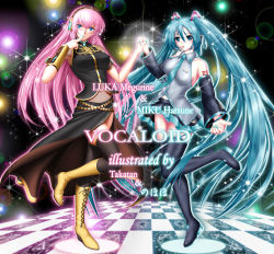 Rule 34 | 2girls, aqua eyes, aqua hair, aqua nails, artist name, blue eyes, boots, bow, bowtie, character name, checkered floor, clothes lift, cross-laced footwear, detached sleeves, finger to mouth, floor, hatsune miku, headphones, headset, holding hands, interlocked fingers, lace-up boots, lens flare, lights, long hair, megurine luka, multiple girls, nail polish, navel, nohoho (kakikonchi), panties, pantyshot, pink hair, skirt, skirt lift, standing, standing on one leg, striped clothes, striped panties, takatan, thigh boots, thighhighs, twintails, underwear, very long hair, vocaloid