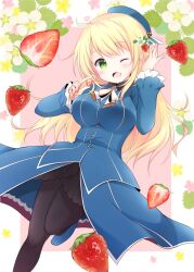 Rule 34 | 1girl, ascot, atago (kancolle), beret, black gloves, black pantyhose, blonde hair, blue hat, blush, breasts, food, frills, fruit, fur collar, gloves, green eyes, hat, highres, jacket, kantai collection, kashiwadokoro, large breasts, long hair, long sleeves, looking at viewer, military, military uniform, one eye closed, open mouth, pantyhose, smile, solo, standing, standing on one leg, strawberry, uniform