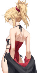 Rule 34 | 1girl, back, blonde hair, braid, breasts, fate/apocrypha, fate (series), french braid, green eyes, grin, highres, long hair, looking at viewer, looking back, mordred (fate), mordred (fate/apocrypha), ponytail, sidelocks, small breasts, smile, solo, tonee