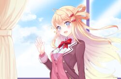 Rule 34 | 1girl, :d, battle spirits, blazer, blonde hair, blue eyes, blue sky, blush, bow, breasts, brown jacket, cardigan, cloud, cloudy sky, collared shirt, commentary request, curtains, day, dress shirt, glint, hair between eyes, hair ornament, hair rings, hairclip, hand up, indoors, jacket, kuzumochi (kuzumochiya), long hair, medium breasts, open clothes, open jacket, open mouth, pink cardigan, red bow, rei ooba, school uniform, shirt, sky, smile, solo, very long hair, white shirt, window