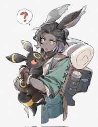 Rule 34 | 1boy, ?, animal ears, backpack, bag, black gloves, black hair, brown choker, choker, corrupted twitter file, creatures (company), cropped torso, crossover, crow0cc, erenville, final fantasy, final fantasy xiv, from side, game freak, gen 2 pokemon, gloves, green jacket, hair ornament, holding, holding pokemon, jacket, male focus, nintendo, open mouth, pokemon, pokemon (creature), rabbit ears, short hair, simple background, spoken question mark, umbreon, upper body, viera, watercolor effect, white background, x hair ornament, yellow eyes