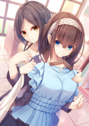 Rule 34 | 2girls, bare shoulders, blue dress, blue eyes, blue skirt, blurry, blurry background, blush, brown eyes, brown hair, closed mouth, clothes hanger, clothes in front, collarbone, commentary request, depth of field, dress, dutch angle, fingernails, grey shirt, hair between eyes, hairband, hand up, hayami kanade, head tilt, highres, holding, idolmaster, idolmaster cinderella girls, idolmaster cinderella girls starlight stage, long hair, long sleeves, multiple girls, purple shirt, sagisawa fumika, shirt, shop, shopping, skirt, smile, tatapopo, very long hair, window