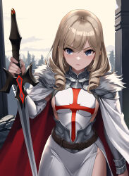 Rule 34 | 1girl, armor, blonde hair, blue eyes, breasts, cape, closed mouth, clothing cutout, cloud, cloudy sky, commentary, cowboy shot, drill hair, english commentary, frown, fur collar, glaring, grey skirt, groin, hair between eyes, highres, holding, holding sword, holding weapon, indy k, knight, looking at viewer, medium breasts, original, outdoors, pine tree, ruins, shaded face, side cutout, side slit, sideboob, skirt, sky, standing, sword, tree, twin drills, weapon