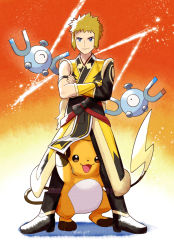 Rule 34 | 1boy, blonde hair, blue eyes, closed mouth, coat, commentary request, creatures (company), crossed arms, game freak, gen 1 pokemon, legs apart, looking at viewer, magnemite, male focus, nintendo, official alternate costume, pants, pokemon, pokemon (creature), pokemon masters ex, pokipoki, raichu, shoes, short hair, sleeveless, sleeveless coat, smile, spiked hair, standing, volkner (new year&#039;s 2022) (pokemon), volkner (pokemon), yellow coat
