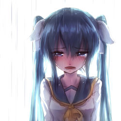 Rule 34 | 1girl, blue eyes, blush, collarbone, crying, crying with eyes open, green hair, hair ribbon, hatsune miku, highres, long hair, md5 mismatch, nose blush, open mouth, qys3, rain, resolution mismatch, ribbon, shirt, solo, source larger, tears, twintails, upper body, vocaloid, white background