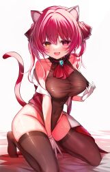 Rule 34 | 1girl, absurdres, animal ear fluff, animal ears, ascot, bare shoulders, between legs, black choker, blush, breasts, brooch, cat ears, cat girl, cat tail, choker, commentary request, covered navel, cropped jacket, fang, frilled choker, frills, full body, gloves, groin, hand between legs, heart, heart-shaped pupils, heterochromia, highleg, highleg leotard, highres, hololive, houshou marine, ineka ka, jacket, jewelry, kneeling, large breasts, leotard, leotard pull, looking at viewer, medium hair, miniskirt, no shoes, off shoulder, open mouth, pleated skirt, pulled by self, red ascot, red eyes, red hair, red jacket, red skirt, sidelocks, skirt, unworn skirt, sleeveless, sleeveless jacket, smile, solo, sweat, symbol-shaped pupils, tail, thighhighs, thighs, virtual youtuber, wet, white background, white gloves, yellow eyes