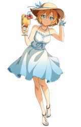 Rule 34 | 1girl, adjusting clothes, adjusting headwear, aqua eyes, arm ribbon, bare shoulders, blonde hair, blush, breasts, cup, dress, drinking glass, feet, full body, hat, holding, holding cup, holding drinking glass, jewelry, looking at viewer, medium breasts, necklace, non-web source, official art, philia (sao), ribbon, sandals, shoe flower, short hair, simple background, smile, solo, spaghetti strap, standing, sun hat, sundress, sword art online, toes, white background