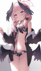Rule 34 | 1girl, absurdres, bikini, black bikini, black bow, black shirt, black wings, blue archive, blush, bow, breasts, closed mouth, commentary, feathered wings, feet out of frame, floral print, front-tie bikini top, front-tie top, hair bow, halo, head wings, highres, koharu (blue archive), koharu (swimsuit) (blue archive), long hair, long sleeves, looking at viewer, looking down, low twintails, low wings, maeru, neckerchief, necktie, off shoulder, official alternate costume, open clothes, open shirt, pink eyes, pink hair, pink halo, pink necktie, print bikini, shirt, simple background, small breasts, solo, standing, swimsuit, tattoo, twintails, undone neckerchief, white background, wings