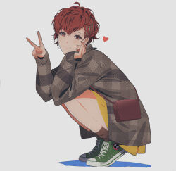 Rule 34 | 1girl, bag, brown socks, green footwear, hair ornament, hairclip, heart, highres, long sleeves, looking at viewer, persona, persona 3, persona 3 portable, red eyes, red hair, shiomi kotone, simple background, skirt, smile, socks, solo, sophie (693432), v, yellow skirt