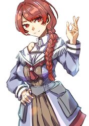 Rule 34 | 1girl, braid, breasts, closed mouth, dress, hair over shoulder, hand on own hip, highres, kantai collection, long hair, long sleeves, looking at viewer, medium breasts, neckerchief, nevada (kancolle), red eyes, red hair, red neckerchief, simple background, single bare shoulder, single braid, solo, tonke, white background