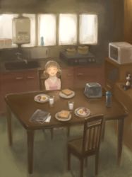 Rule 34 | 1girl, atlus, bread slice, breakfast, brown hair, chair, child, closed eyes, cup, doujima nanako, egg, female focus, food, happy, kitchen, microwave, morning, persona, persona 4, pot, short hair, sink, smile, solo, stuffed animal, stuffed toy, table, teddy bear, toast, toaster, tonko, twintails