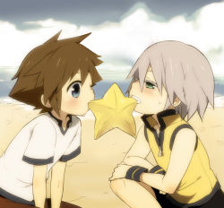 Rule 34 | 2boys, aged down, beach, blue eyes, blush, bracelet, brown hair, eating, from side, green eyes, jewelry, kingdom hearts, kl (dgzonbi), looking at another, male focus, mouth hold, multiple boys, ocean, riku (kingdom hearts), silver hair, sora (kingdom hearts), star (symbol), third-party edit, yaoi
