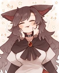 Rule 34 | 1girl, animal ear fluff, animal ears, blush, brooch, brown hair, closed eyes, collarbone, dress, highres, imaizumi kagerou, jewelry, kaginoni, long hair, long sleeves, motion lines, open mouth, red dress, solo, touhou, upper body, white dress, wolf ears