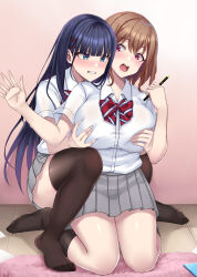 Rule 34 | 2girls, absurdres, black socks, black thighhighs, blue eyes, blue hair, blush, bow, bowtie, grabbing another&#039;s breast, breasts, brown hair, collared shirt, commentary request, grabbing, grey skirt, groping, hair ornament, hairclip, hands up, highres, holding, kneehighs, kneeling, large breasts, minarai, multiple girls, open mouth, original, parted lips, pleated skirt, purple eyes, red bow, red bowtie, school uniform, shirt, shirt tucked in, short sleeves, skirt, socks, thighhighs, thighs, white shirt, yuri