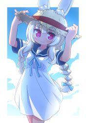 Rule 34 | 1girl, animal ear fluff, animal ears, arms up, blonde hair, blue bow, blue ribbon, blue sailor collar, blue sky, bow, braid, breasts, brown hat, closed mouth, cloud, collarbone, cowboy shot, day, dress, ears through headwear, etrian odyssey, hair bow, hands on headwear, hat, heart, heart-shaped pupils, highres, looking at viewer, masurao (sekaiju), masurao 2 (sekaiju), naga u, neck ribbon, pink eyes, rabbit ears, rabbit girl, revision, ribbon, sailor collar, sailor dress, sekaiju no meikyuu, sekaiju no meikyuu 5, short dress, short sleeves, sky, small breasts, smile, solo, straw hat, symbol-shaped pupils, thick eyebrows, twin braids, white dress