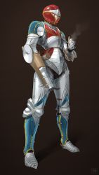 Rule 34 | 1girl, absurdres, adapted costume, antique firearm, arm cannon, armor, bad id, bad pixiv id, blue eyes, boots, breastplate, female knight, firearm, full armor, full body, gauntlets, gloves, gun, helmet, highres, holding, holding weapon, knight, medieval, metroid, metroid dread, nintendo, pauldrons, plate armor, powder horn, rope, sabaton, samus aran, shoulder armor, simple background, solo, wass nonnam, weapon