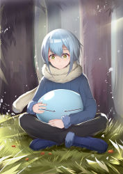 Rule 34 | 1other, absurdres, androgynous, black pants, blue coat, blue footwear, blue hair, boots, coat, forest, fur boots, fur coat, green eyes, grey scarf, highres, indian style, looking down, nature, outdoors, pants, rimuru tempest, scarf, short hair, sitting, slime (creature), solo, tensei shitara slime datta ken, xie wang