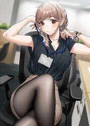 Rule 34 | 1girl, akaori umeka, black pantyhose, black shirt, blurry, blurry background, blush, breast pocket, breasts, brown eyes, brown hair, brown skirt, chair, closed mouth, commentary request, crossed legs, doushimasho, earrings, feet out of frame, fingernails, high-waist skirt, highres, id card, indoors, jewelry, lanyard, long fingernails, long hair, looking at viewer, medium breasts, mole, mole under eye, nail polish, office, office chair, office lady, on chair, original, pantyhose, pencil skirt, pink nails, pocket, shirt, shirt tucked in, sitting, skirt, sleeveless, sleeveless shirt, solo, stud earrings, swivel chair, watch, wristwatch