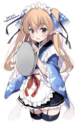 Rule 34 | 1girl, alternate costume, apron, blue kimono, blush, brown eyes, cropped legs, dated, enmaided, hair between eyes, holding, holding tray, japanese clothes, johnston (kancolle), kantai collection, kimono, light brown hair, long hair, long sleeves, maid, maid headdress, odawara hakone, open mouth, solo, thighhighs, tray, twitter username, two side up, wa maid, white apron, wide sleeves
