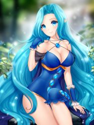 Rule 34 | 1girl, asymmetrical gloves, blue dress, blue eyes, blue gloves, blue hair, blurry, blurry background, breasts, closed mouth, collarbone, commission, criss-cross halter, dress, floating hair, gigamessy, gloves, halterneck, large breasts, long hair, original, outdoors, pointy ears, short dress, single glove, sitting, sleeveless, sleeveless dress, smile, solo, uneven gloves, very long hair