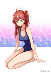 Rule 34 | 1girl, absurdres, add leir, ahoge, arms at sides, bare legs, barefoot, bell, blue one-piece swimsuit, bow, breasts, character name, cleavage, closed mouth, collarbone, competition swimsuit, dated, expressionless, from side, full body, gradient background, green eyes, hair bell, hair bow, hair ornament, hands on floor, highres, hololive, legs, legs together, long hair, looking at viewer, medium breasts, one-piece swimsuit, pink hair, sakura miko, seiza, side ponytail, simple background, sitting, solo, swimsuit, thighs, virtual youtuber