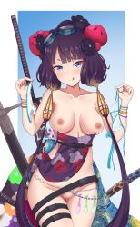 Rule 34 | 1girl, beads, belt, bikini, unworn bikini, blue background, blue eyes, bracelet, breasts, closed mouth, collarbone, condom, condom belt, fate/grand order, fate (series), floral print, gluteal fold, goggles, goggles on head, gradient background, hair ornament, highres, jewelry, katana, katsushika hokusai (fate), katsushika hokusai (swimsuit saber) (fate), kurimupaizuri, licking lips, long hair, looking at viewer, medium breasts, multiple condoms, navel, nipples, obi, purple hair, pussy, sash, sidelocks, smile, swimsuit, sword, thigh strap, thighs, tongue, tongue out, used condom, weapon, white bikini