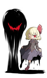 Rule 34 | 1girl, ;d, adapted costume, aratami isse, blonde hair, clothes lift, darkness, hair ribbon, one eye closed, open mouth, orb, red eyes, ribbon, rumia, skirt, skirt lift, smile, touhou, wink