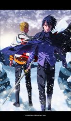 Rule 34 | 2boys, back-to-back, blonde hair, blue eyes, cape, coat, long sleeves, looking at another, male focus, multiple boys, naruto, naruto (series), outdoors, red eyes, short hair, snow, snowflakes, snowing, spiked hair, spirapride, sword, uchiha sasuke, uzumaki naruto, weapon, whiskers, wink, winter