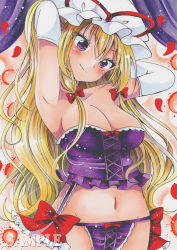 Rule 34 | 1girl, armpits, arms behind head, blush, bow, bow panties, bra, breasts, cleavage, closed mouth, collarbone, elbow gloves, eyelashes, gloves, hair ribbon, hat, highres, large breasts, lingerie, long hair, looking at viewer, maccha xxxxxx, marker (medium), mob cap, navel, panties, petals, purple bra, purple curtains, purple eyes, purple panties, red ribbon, ribbon, sample watermark, sidelocks, solo, stomach, touhou, traditional media, tress ribbon, underwear, upper body, watermark, white gloves, white hat, yakumo yukari