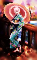 Rule 34 | 1girl, :d, absurdres, against railing, alternate costume, bad id, bad pixiv id, feet, full body, geta, highres, japanese clothes, kimono, leaning, long hair, looking at viewer, no legwear, obi, oil-paper umbrella, one piece, open mouth, parasol, pink hair, railing, rebecca (one piece), river, sandals, sash, smile, solo, tora panchi, torapunch, umbrella, water