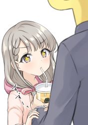 Rule 34 | + +, 1girl, 1other, bendy straw, black jacket, blush, bow, braid, braided bangs, brown hoodie, commentary, cup, disposable cup, drinking, drinking straw, formal, grey eyes, grey hair, hair bow, hair over shoulder, highres, hisakawa nagi, holding, holding cup, hood, hood down, hoodie, idolmaster, idolmaster cinderella girls, idolmaster cinderella girls starlight stage, jacket, long hair, long sleeves, low twintails, mitsumine raimu, p-head producer, pink bow, producer (idolmaster), simple background, striped, striped bow, suit, translated, twintails, v-shaped eyebrows, white background