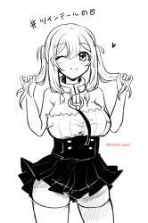 Rule 34 | 1girl, ;), bare arms, bare shoulders, blush, closed mouth, commentary request, greyscale, hair between eyes, hands up, heart, highres, long hair, monochrome, noai nioshi, one eye closed, original, pleated skirt, shirt, skindentation, skirt, smile, solo, strapless, strapless shirt, thighhighs, translation request, twintails, twintails day, twitter username