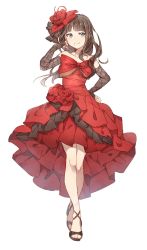 Rule 34 | 1girl, bare legs, bare shoulders, black hair, blunt bangs, bow, commentary, detached sleeves, dress, flower, frilled dress, frills, full body, green eyes, hair flower, hair ornament, hand on own hip, high heels, highres, hotechige, kurosawa dia, long hair, looking at viewer, love live!, love live! school idol festival, love live! sunshine!!, mole, mole under mouth, red dress, simple background, smile, solo, white background