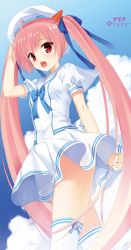 Rule 34 | 1girl, absurdly long hair, absurdres, ahoge, blue neckwear, blue ribbon, blue skirt, blue sky, character name, day, fang, floating hair, from below, hair ribbon, hand on headwear, hat, hidan no aria, highres, holding, horns, kanzaki h. aria, kobuichi, long hair, miniskirt, novel illustration, official art, open mouth, pink hair, pleated skirt, red eyes, ribbon, sailor collar, shirt, short sleeves, single horn, skirt, sky, solo, standing, thighhighs, twintails, very long hair, white hat, white sailor collar, white shirt, white thighhighs