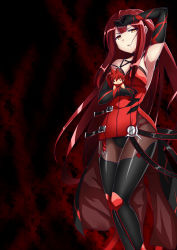 Rule 34 | 1girl, absurdres, armpits, blood, blunt bangs, collarbone, crimson avenger (elsword), doll, elesis (elsword), elsword, elsword (character), hand on own forehead, highres, legs together, long hair, looking down, open mouth, red background, red hair, solo, very long hair, yellow eyes, zetsuei (zetto)