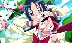 Rule 34 | 2girls, :3, afterimage, blue eyes, blue hair, blue sky, bow, bowtie, chypre (heartcatch precure!), clenched hand, closed mouth, cloud, coffret (heartcatch precure!), collared shirt, day, dress, eyelashes, furrowed brow, glasses, groucho glasses, hanasaki tsubomi, heart, heartcatch precure!, holding, holding removed eyewear, kurumi erika, long hair, maeashi, motion blur, motion lines, multiple girls, myoudou gakuen middle school uniform, o o, open mouth, outdoors, panicking, pink hair, precure, red bow, red bowtie, sailor collar, school uniform, shirt, short dress, sky, smile, sweat, tree, unworn eyewear, upper body, v-shaped eyebrows, waving arm, wavy mouth, white sailor collar, wide sleeves, yellow shirt