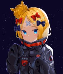 Rule 34 | 1girl, abigail williams (fate), abigail williams (traveling outfit) (fate), absurdres, bad id, bad pixiv id, bandaid, bandaid on face, bandaid on forehead, belt, black bow, black jacket, blonde hair, blue eyes, blush, bow, breasts, crossed bandaids, fate/grand order, fate (series), forehead, hair bow, hair bun, heroic spirit traveling outfit, high collar, highres, jacket, long hair, long sleeves, looking at viewer, multiple hair bows, official alternate costume, orange belt, orange bow, parted bangs, polka dot, polka dot bow, single hair bun, sinobi illust, sleeves past fingers, sleeves past wrists, solo