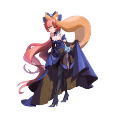 Rule 34 | 1girl, absurdres, animal ear fluff, animal ears, artist request, black gloves, black legwear, blue dress, blue flower, blue ribbon, breasts, cleavage, collarbone, dress, elbow gloves, fate/grand order, fate (series), flower, flower ornament, fox ears, fox girl, fox tail, gloves, hair flower, hair ornament, hair ribbon, highres, large breasts, long hair, looking at viewer, off shoulder, pink hair, ribbon, simple background, smile, solo, standing, straight-on, tachi-e, tail, tamamo (fate), tamamo no mae (fate/extra), very long hair, white background, yellow eyes