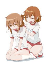 Rule 34 | 10s, 2girls, ^ ^, breath, brown eyes, brown hair, buruma, closed eyes, fang, folded ponytail, gym uniform, hair ornament, hairclip, hand on own thigh, hand on thigh, hands on another&#039;s shoulders, highres, honky, ikazuchi (kancolle), inazuma (kancolle), kantai collection, kneeling, multiple girls, open mouth, puffy short sleeves, puffy sleeves, seiza, shoes, short hair, short sleeves, simple background, sitting, smile, sneakers, socks, sweat, white background