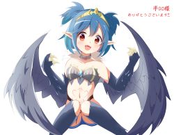 Rule 34 | 1girl, black feathers, black wings, blue hair, breasts, claws, commentary request, commission, feathers, harpy, highres, indie virtual youtuber, lincoro, monster girl, navel, open mouth, pointy ears, red eyes, sakaki333, short hair, short twintails, simple background, skeb commission, solo, stomach tattoo, tattoo, tiara, twintails, virtual youtuber, white background, winged arms, wings