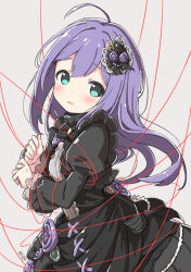 Rule 34 | 1girl, ahoge, aqua eyes, black dress, blush, breasts, character name, cowboy shot, dot nose, dress, flower, frilled dress, frills, from side, grey background, hair between eyes, hair flower, hair ornament, idolmaster, idolmaster million live!, idolmaster million live! theater days, kuresuku (lessons), lace-trimmed sleeves, lace trim, long hair, looking at viewer, mochizuki anna, official alternate costume, parted lips, purple hair, shy, sidelocks, simple background, small breasts, solo, straight hair, string, string of fate