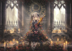 Rule 34 | 1girl, black dress, black footwear, blunt bangs, blurry, blurry foreground, candle, clock, commentary request, day, depth of field, dress, fire, flower, gothic lolita, grey hair, grey rose, hair flower, hair ornament, half-closed eyes, highres, indoors, juliet sleeves, lolita fashion, long hair, long sleeves, looking at viewer, missile228, on chair, original, own hands together, pantyhose, parted lips, puffy sleeves, purple eyes, red flower, red rose, roman numeral, rose, shoes, sitting, solo, very long hair, white pantyhose, window