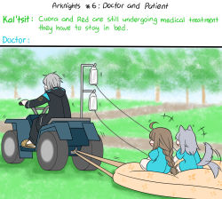 Rule 34 | +++, 1boy, 2girls, afterimage, ahoge, animal ears, arknights, artist self-insert, black jacket, black pants, blue dress, braid, brown hair, commentary, cuora (arknights), day, doctor (arknights), dress, driving, english commentary, english text, facing away, grey hair, guin guin, hood, hood down, hooded jacket, intravenous drip, jacket, long hair, male doctor (arknights), mattress, multiple girls, outdoors, pants, projekt red (arknights), short sleeves, sitting, tail, tail wagging, tree, very long hair, wolf ears, wolf girl, wolf tail