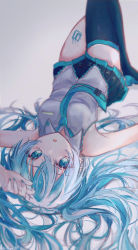 Rule 34 | 1girl, :o, absurdres, arm up, bare shoulders, black footwear, black skirt, black thighhighs, blue eyes, blue hair, blue nails, blue necktie, boots, breasts, collared shirt, commentary request, grey background, hatsune miku, highres, knees up, long hair, looking at viewer, lying, nail polish, necktie, noneon319, on back, parted lips, pleated skirt, shirt, single thigh boot, skirt, sleeveless, sleeveless shirt, small breasts, solo, thigh boots, thighhighs, tie clip, very long hair, vocaloid, white shirt