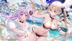 Rule 34 | 2girls, ahoge, azur lane, ball, banned artist, beach, beachball, bikini, black bikini, black ribbon, blue sky, breasts, closed mouth, cloud, commentary request, copyright notice, copyright request, day, flower, formidable (azur lane), frilled bikini, frills, hair bun, hair flower, hair ornament, hair ribbon, highres, holding, holding ball, large breasts, long hair, looking at another, midori foo, multiple girls, navel, ocean, open mouth, outdoors, purple eyes, purple hair, red eyes, ribbon, sky, smile, swimsuit, twintails, two-tone ribbon, unicorn (azur lane), very long hair, white bikini, white ribbon