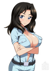 Rule 34 | 10s, 1girl, aoshidan school uniform, belt, black belt, black hair, blue eyes, blue shirt, blue skirt, breasts, cleavage, closed mouth, collared shirt, commentary, crossed arms, extra, girls und panzer, hair intakes, highres, ichijou takakiyo, large breasts, lips, long hair, looking at viewer, school uniform, shiny skin, shirt, short sleeves, simple background, skirt, smile, solo, standing, suspenders, unbuttoned, unbuttoned shirt, upper body, watermark, white background