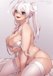 Rule 34 | 1girl, ahoge, artist name, blush, borrowed character, breasts, brown eyes, cleavage, collaboration, gekkoseishin, hair between eyes, highres, iwbitu, large breasts, long hair, long sleeves, looking at viewer, nyopu, open mouth, original, plump, simple background, sitting, smile, solo, thick eyebrows, thick thighs, thighhighs, thighs, twintails, twitter username, white hair, wide hips